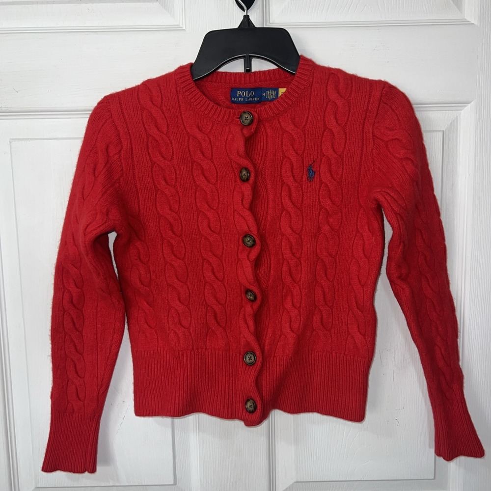 Polo Ralph Lauren Women's Wool Cashmere Cable Knit Cardigan Sweater Red Med